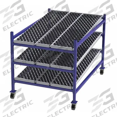UNEX FLOW CELL Gravity Flow Rack: 48 in x 72 in x 54 in, Tilt, 3 Shelves - Skate Wheel Track Bolted Mobile Flow Racks