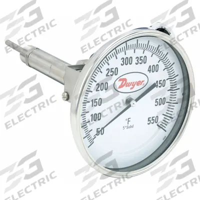 Dwyer Dial Thermometer With Process Output: 50°F to 550°F, +/- 1% Accuracy, 2.5 in Stem Lg - Thread-Mount Transmitting Dial Thermometers
