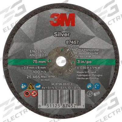 3M Abrasive Cut-Off Wheel: Type 1, 3" x 0.035" x 1/4", Ceramic, 60 Grit - Cool-Cutting Cut-Off Wheels for Carbon & Stainless Steel