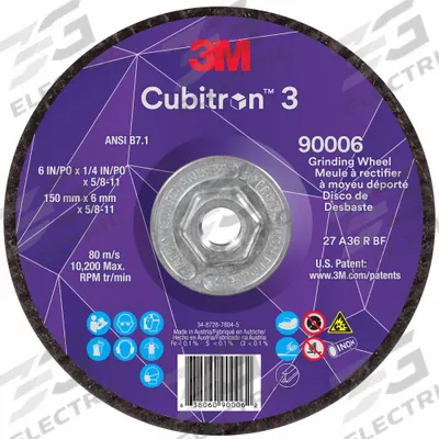 3M CUBITRON 3 Depressed Center Grinding Wheel: Type 27, 6" x 1/4" x 5/8"-11 - Cool-Cutting Grinding Wheels for Carbon & Stainless Steel