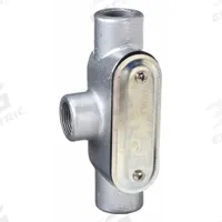 Conduit Outlet Body: Iron, 3/4 in Trade Size, T Body, 9.1 cu in Body Capacity, Threaded Hub (MPN T27CG-TB). Key specifications — Finish: Zinc Plated with Powder Coated; For Use With: RMC; Brand: THOMAS & BETTS; Hub Style: Threaded.