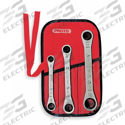 PROTO Box End Wrench Set: Alloy Steel, Chrome, 3 Tools, 3/8 in to 3/4 in Range of Head Sizes - SAE, Double End, 12-Point, Ratcheting Box End Wrench Sets