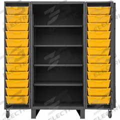 DURHAM MFG Bin Cabinet: 36 in x 36 in 78 in, 4 Shelves, 24 Bins, Yellow, Deep Box, 12 ga Panel, Gray (MPN HDC36-DC24TB4S95). Key specifications — Bin Color: Yellow; Bin HxWxD: (24) 15 in x 5-3/4 in x 6-1/2 in; Assembled: Assembled; Cabinet Style: Shelf and Bin; Brand: DURHAM MFG; Cabinet Color: Gray; Cabinet Finish: Powder Coated; Cabinet Material: Steel.