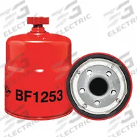 BALDWIN FILTERS Fuel Filter: Spin-On, 3 11/16 in Outside Dia, 1"-14 Thread Size, Cellulose, Racor (MPN BF1253). Key specifications — attr1137520: BF1253; attr434022: BALDWIN FILTERS; attr427730: Cellulose; attr427731: Integral Gasket; attr1017112: Buses; attr1017113: Racor.