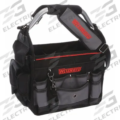 WESTWARD Tool Tote: 12 in W x 8 1/2 in D x 12 in H, Black, Polyester, 18 Pockets - Polyester Tool Totes
