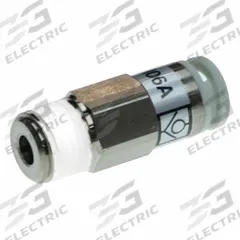 SMC Pneumatic Check Valve: Male Connector, NBR, Aluminum Alloy (Valve)/PBT (Body)/Spacer (Brass) (MPN AKH06A-01S). Key specifications — attr291949: 1/8 in; attr291950: 6 mm Tubing; attr291957: NBR, Aluminum Alloy (Valve); PBT (Body); Spacer (Brass); attr294749: SMC.
