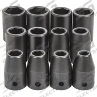 PROTO Impact Socket Set: 1/2 in Drive Size, Small Set (0-50 pieces) Set Size, 12 Pieces, Black Oxide (MPN J74242). Key specifications — attr1204251: PROTO; attr1215453: 1/2 in; attr1215454: 3/8 in to 3/4 in.