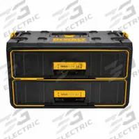 DEWALT Tough System Tool Box: 12 5/8 in W x 21 13/16 in D x 12 5/16 in H, Plastic, Black (MPN DWST08320). Key specifications — attr1117159: Auto-Latch; attr1117257: DEWALT; attr1117131: Black; attr1126396: Plastic.
