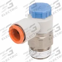 SMC Speed Control Valve: Elbow Fitting, Knob, 3/8 in Valve Body Size, 5/16 in Tube, Meter In (MPN AS3211F-N03-09SA). Key specifications — attr947203: Brass/PBT; attr947205: SMC.