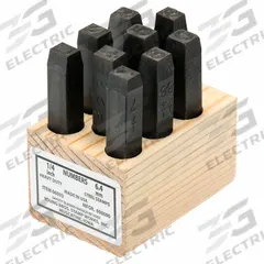 YOUNG BROS. STAMP WORKS Hand Stamp Kit: 0 thru 9 (6 doubles as 9), 1/4 in Character Ht, Steel (MPN 06093). Key specifications — Material: Steel; Brand: YOUNG BROS. STAMP WORKS; Characters Included: 0 thru 9 (6 doubles as 9).