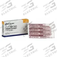 FIRST AID ONLY Adhesive Bandage: Strip Bandages, 2 in Wd, 3 in Lg, Not Metal Detectable, Fabric (MPN A177). Key specifications — Product Type: Strip Bandages; Unitized: Unitized; Water Resistance: Not Water Resistant; Brand: FIRST AID ONLY; Latex Content: Latex Free; Metal Detectable: Not Metal Detectable; Package Type: Box; Manufacturer Part Number: A177.