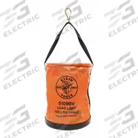 KLEIN TOOLS Bucket Bag: 12 in W x 15 in H, Orange, Vinyl, 0 Pockets, Open Top (MPN 5109SV). Key specifications — attr1118525: KLEIN TOOLS; attr1125037: Orange; attr1118507: Single Handle With Snap Hook; attr1125041: Vinyl; attr1203718: Yes.