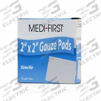 MEDI-FIRST Gauze Pad: 2 in Dressing Lg, 2 in Dressing Wd, Gauze, Sterile, 10 PK (MPN 60612). Key specifications — Water Resistance: Not Water Resistant; Unitized: Unitized; Manufacturer Part Number: 60612; Package Type: Box; Product Type: Gauze Pad; Sterility: Sterile; Brand: MEDI-FIRST; Fastener Included: Fastener Not Included.