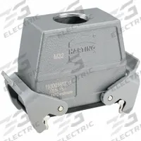 HARTING M32 Rectangular Connector Housing: Size 16 B, Cable to Cable Mount, Gray, Aluminum Die-Cast (MPN 19300160737). Key specifications — IP Rating: IP65; Size Designation: 16 B; Cable Entry Thread Size: M32; Seal Material: NBR; Locking Type: Dual Lever; Brand: HARTING; Primary Material: Aluminum; Operating Temperature Range: -40 to 125 Degrees C.