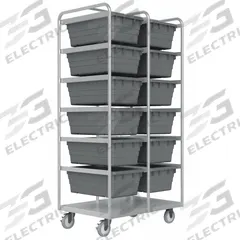 DURHAM MFG Tub Cart: 1,200 lb, 12 Bins/Tubs, Gray, 26 in L x 37 in W x 74 in H, Gray, 2 Usable Sides (MPN STBR-303672-12-5PU). Key specifications — Color: Gray; Includes: Bottom Shelf; Caster/Wheel Configuration: (2) Swivel with Brake; Bin Color: Gray; Brand: DURHAM MFG.