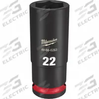 MILWAUKEE Deep Impact Socket: 1/2 in Drive Size, Metric, 22 mm Socket Size, 6-Point, Deep, Friction (MPN 49-66-6283). Key specifications — attr1215501: MILWAUKEE; attr1215515: Black Phosphate; attr1215518: 22 mm.