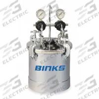 BINKS Paint Pressure Pot: Steel, 10 L Capacity, No Agitator, 2 Regulators, 80 psi Op Pressure - Max (MPN 83C-220). Key specifications — Brand: BINKS; Material: Steel; Number of Regulators: 2; Includes: (2) Regulators; Agitator Type: No Agitator.