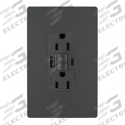 LEGRAND Receptacle: 5-15R, Graphite, 125V AC, 15 A - Weather-Resistant Receptacles with USB Chargers