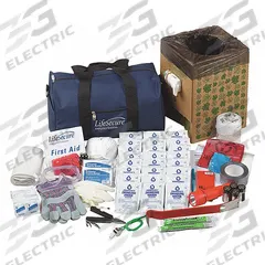 LIFESECURE Survival Kit: 97 Components, Duffel Bag, 10 People Served (MPN 10100). Key specifications — Rations Included: (24) 4 oz Water Pouches; Housing Material: Nylon; Container Type: Duffel Bag; Hygiene Supplies Included: (5) Toilet Deodorizer Packets; PPE and Shelter Supplies Included: (2) Safety Goggles; Power and Lighting Supplies Included: (2) 12 hr Light Sticks; Tools Included: Duct Tape; Writing and Communication Supplies Included: Waterproof Document Pouch.