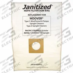 JANITIZED Vacuum Bag: Royal, Dry, Cloth, 3-Ply, HEPA, Hoover HEPA Y Vacuum bag. Key specifications — Compatible Vacuum Brand: Royal; Bag Pickup Type: Dry; Bag Material: Cloth; Ply Count: 3-Ply; Brand: JANITIZED; Manufacturer Part Number: Hoover HEPA Y Vacuum bag.