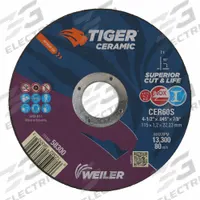 WEILER Abrasive Cutoff Wheel: Type 1, 4 1/2" x 0.045" x 7/8", Ceramic, 60 Grit, Tiger Ceramic (MPN 58300). Key specifications — Series: Tiger Ceramic; Brand: WEILER.