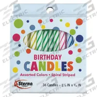 STERNO Birthday Candles: 2 min Burn Time, Assorted, 2 1/4 in Overall Ht, 2 1/4 in Overall Wd (MPN 40180). Key specifications — Application: Celebrations; Brand: STERNO; Light Color: White; Color: Assorted; Material: Wax; Product Type: Birthday Candles.