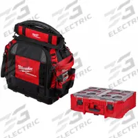 MILWAUKEE PACKOUT Tool Bag Kit: 10 in W x 16 in D x 19 3/4 in H, Polyester, Black/Red (MPN 48-22-8316, 48-22-8432). Key specifications — attr1120376: MILWAUKEE; attr1120463: Polyester; attr1120464: Red; attr1120343: Removable Shoulder Strap.