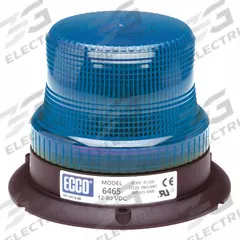 ECCO Beacon Light: Flashing Beacon, Blue, 3 7/8 in Overall Ht, LED, 12-80V DC (MPN 6465B). Key specifications — Operating Voltage: 12-80V DC; Number of Flash Patterns: 80 FPMx8; Includes: Mounting Hardware; Electrical Connection: Blunt Cut Wires; Mount Type: Bolt; Brand: ECCO; Shape: Round; Lighting SAE Class Rating: SAE Class 3.