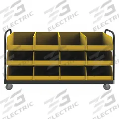 APPROVED VENDOR Bin Cart: 1,800 lb, 12 Bins/Tubs, 0 Shelves, Gray, Yellow, 2 Usable Sides (MPN TBR-187847-12B-5PU-95). Key specifications — Color: Gray; Caster/Wheel Configuration: (2) Rigid; Bin Color: Yellow; Brand: APPROVED VENDOR.