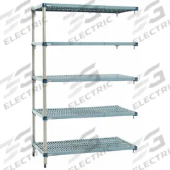 METRO Shelf Plastic Industrial Shelving (5): 24 in x 60 in, 74 in Overall Ht, 5 Shelves (MPN 5AQ567G3). Key specifications — Resistance Properties: Antimicrobial; Shelf Adjustment Type: Quick-Adjust; Frame Material: Steel; Shelving Material: Steel; Brand: METRO.