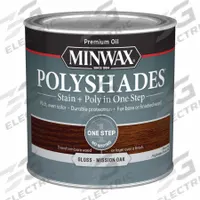 MINWAX Wood Stain: Wood Stain and Sealer, Interior, Oil, 0.5 pt Container Size, Wood, Gloss, 1 Step (MPN 214854444). Key specifications — Brand: MINWAX; Transparency: Semi-Transparent; Use Location: Interior; Sheen: Gloss; Sub-Brand: PolyShades; Color: Mission Oak.
