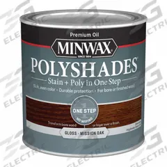 MINWAX Wood Stain: Wood Stain and Sealer, Interior, Oil, 0.5 pt Container Size, Wood, Gloss, 1 Step (MPN 214854444). Key specifications — Brand: MINWAX; Transparency: Semi-Transparent; Use Location: Interior; Sheen: Gloss; Sub-Brand: PolyShades; Color: Mission Oak.