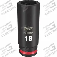 MILWAUKEE Deep Impact Socket: 3/8 in Drive Size, Metric, 18 mm Socket Size, 6-Point, Deep, Friction (MPN 49-66-6160). Key specifications — attr1215501: MILWAUKEE; attr1215515: Black Phosphate; attr1215518: 18 mm.