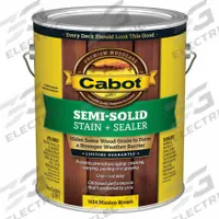 CABOT Wood Stain: Wood Stain and Sealer, Exterior, Oil, 1 gal Container Size, Wood, Flat, Semi-Solid (MPN 140.0001434.007). Key specifications — Brand: CABOT; Transparency: Semi-Solid; Use Location: Exterior; Sheen: Flat; Sub-Brand: Semi-Solid Low VOC; Color: Mission Brown.
