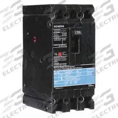 SIEMENS Molded Case Circuit Breaker: 110 A Amps, 18kA at 480V AC, Fixed, Load Side Lug, ABC, ED4 (MPN ED43B110). Key specifications — Phase Connection: ABC; Instantaneous Trip: Fixed; Terminal Connection: Load Side Lug; Series: ED4; Max. AIR Rating: 18kA at 480V AC.