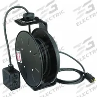 KH INDUSTRIES Extension Cord Reel: Constant Tension or Ratchet Lock, 50 ft Cord Lg, 12 AWG, SJOW (MPN RTBB3LB-1DD520-J12K). Key specifications — Retractable Cord Ending NEMA Configuration: 5-20R; Feeder Cord Ending NEMA Configuration: 5-20P; Brand: KH INDUSTRIES.