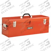 PROTO Tool Box: 26 in W 8 1/2 in D 9 1/2 in H, Steel, Red, Hinged Lid, Padlock, 2 Compartments (MPN J9969R). Key specifications — attr1116905: Red; attr1116917: Hinged; attr1116946: PROTO; attr1116904: Padlock.