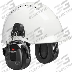 3M PELTOR Electronic Ear Muffs: Hard Hat-Mounted Earmuff, 23 dB NRR, 3.5mm Stereo, Listen, Black (MPN MT13H221P3E). Key specifications — Cup Color: Black; Intrinsically Safe: No; Connection Type: 3.5mm Stereo; Compatible with Series: Slotted Front-Brim Hard Hats; Two-Way Radio Communication Type - MERCH: Listen Only; Brand: 3M PELTOR; Foldable: No; Compatible Hard Hats: Slotted Front-Brim Hard Hats.