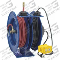 COXREELS Dual Reel Spring Return Hose Reel: 50 ft (3/8 in I.D.), 3/8 in MNPT x 3/8 in MNPT (MPN C-L350-5012-B). Key specifications — Includes: Cord; Hose Capacity: 50 ft (3/8 in I.D.); Hose End Configuration: 3/8 in MNPT x 3/8 in MNPT; Feeder Cord Ending Configuration: NEMA 5-20P.