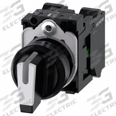 SIEMENS Selector Switch: 22 mm Panel Mounting Size, 3 Positions, Short Lever, 1NO, Non-Metallic (MPN 3SU11002BM603NA0). Key specifications — AC Contact Rating: 10 A @ 500 V; Action: Momentary/Momentary/Momentary; Cam: No Cam Included; DC Contact Rating: 5 A @ 500 V; Hazardous Location Specification: Not Rated; Operator Head Material: Plastic; Operator Head Type: Short-Handled Knob; Operator Illumination: Illuminated.