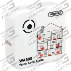 GENERAL Water Detection System: Battery-Powered, 80 dB, Water Detector and Alarm, 104°F Max. Op Temp (MPN WA500). Key specifications — Includes Batteries: Yes; Alarm Sound Level: 80 dB; Alarm Unit Dimensions: 4.3 in W x 1 in D x 4.3 in H; Detector Type: Water Detector and Alarm; Manufacturer Part Number: WA500; Mounting Location: Floor; Power Source: Battery; Sensor Unit Dimensions: 4.3 in W x 1 in D x 4.3 in H.