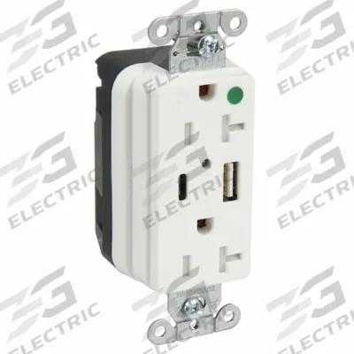 HUBBELL Receptacle: Duplex, 5-20R, 2 USB Ports, USB Type A/C, White, 125V AC - Hospital-Grade Receptacles with USB Chargers