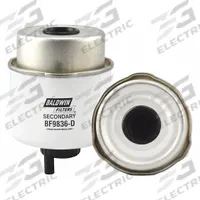 BALDWIN FILTERS Fuel Filter: Cartridge, 4 9/16 in Overall Lg, 3 1/4 in Outside Dia, Cellulose, JCB (MPN BF9836-D). Key specifications — attr1137520: BF9836-D; attr1137521: FS19980; attr434022: BALDWIN FILTERS; attr427730: Cellulose; attr427731: Attached Grommet; attr1017112: Trucks; attr1017113: JCB.