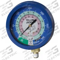 YELLOW JACKET Low Side Gauge: Low Side Gauge, 0 psi to 300 psi, Liquid Filled, 3 1/2 in Dia, Blue (MPN 49516). Key specifications — Brand: YELLOW JACKET; Accuracy: ± 1%; Color: Blue; For Refrigerant Type: R-22.
