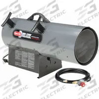 DYNA-GLO Portable Gas Torpedo Heater: 125,000 BtuH Heating Capacity Output, 3,100 sq ft Heating Area (MPN RMC-FA125DGD). Key specifications — Brand: DYNA-GLO; Key Features: Built-In Air Pressure Gauge; Overall Dimensions - H x W x D: 16-1/8 in x 11-13/16 in x 25-9/16 in.