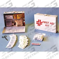 ABILITY ONE First Aid Kit and Housing: Gen Purpose, 25 People Served, 13 Components, Metal (MPN 6545-00-663-9032). Key specifications — Adhesive Bandages Included: (32) Bandages; Application: General Purpose; Brand: ABILITY ONE; Housing Color: White; Housing Material: Metal; Includes Oral or Inhalant Medication: Medication Included; Mountable: Wall Mount; Oral and Inhalant Medicinals Included: (3) Ammonia Inhalants.
