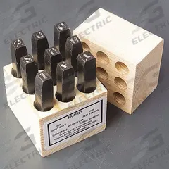 YOUNG BROS. STAMP WORKS Hand Stamp Kit: 0 thru 9 (6 doubles as 9), 3/8 in Character Ht, Steel, Wood (MPN 08093). Key specifications — Material: Steel; Brand: YOUNG BROS. STAMP WORKS; Characters Included: 0 thru 9 (6 doubles as 9).