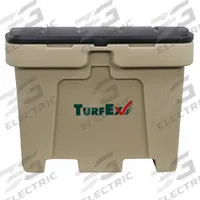 Storage Container: 35.8 in H, 18 cu ft, Brown, 33 1/2 in L x 48 in D x 28 in H, Lockable Lids (MPN 74059). Key specifications — Brand: TURFEX; Material: Plastic; Assembled: Assembled.