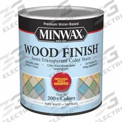 MINWAX Wood Stain: Wood Stain, Interior, Water, 1 qt Container Size, Wood, White, Semi-Transparent (MPN 117100000). Key specifications — Brand: MINWAX; Transparency: Semi-Transparent; Use Location: Interior; Sub-Brand: Wood Finish; Color: White.