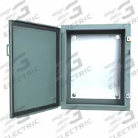 HAMMOND Electrical Enclosure: Steel, 20 in x 16 in x 8 in, NEMA 12/13, w/Panel, Solid Cover, Hinged (MPN 1418C8). Key specifications — Brand: HAMMOND; Closure Method: Clamps; Knockouts: Not Included.